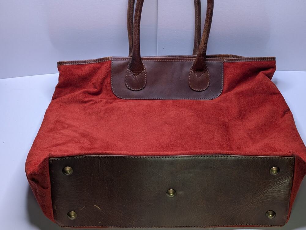 J. Jill Red Faux Suede Tote Bag Brown Leather Trim Large Shoulder Purse